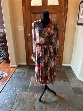 Sundance Multicolor Floral Pleated Midi Dress with Pink, Blue, Cream Accents
